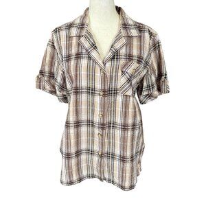 Erika women's short sleeve collared button down shirt brown white plaid medium